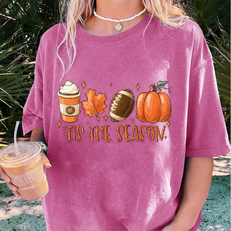 Maturelion Women's T-Shirt Tis The Season Fall Coffee Lovers Pumpkin Latte Thanksgiving Cotton T-Shirt