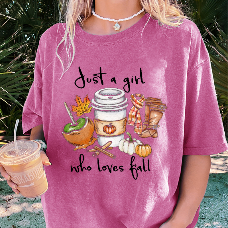 Maturelion Women's T-Shirt Just A Girl Who Loves Fall Pumpkin Coffee Lover Happy Thanksgiving Cotton T-Shirt