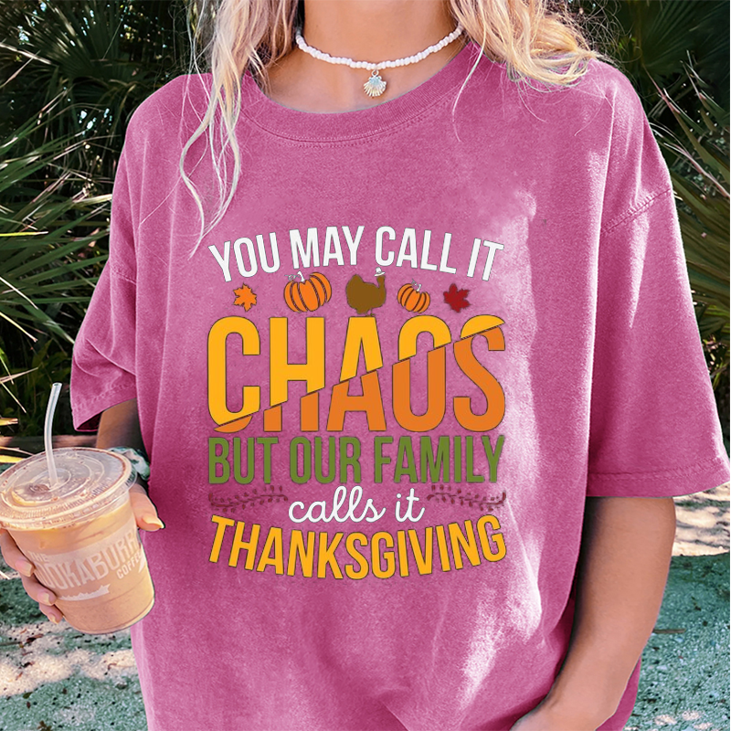 Maturelion Women's T-Shirt Family Chaos Thanksgiving Cotton T-Shirt