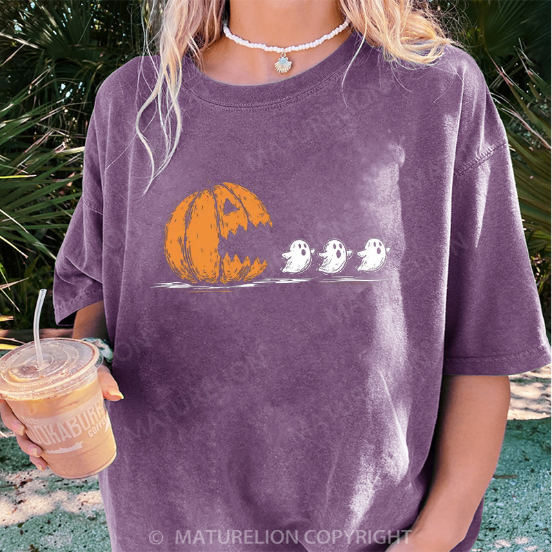 Maturelion Women's T-shirt Pumpkin Eat Ghost DTG Washed T-shirt