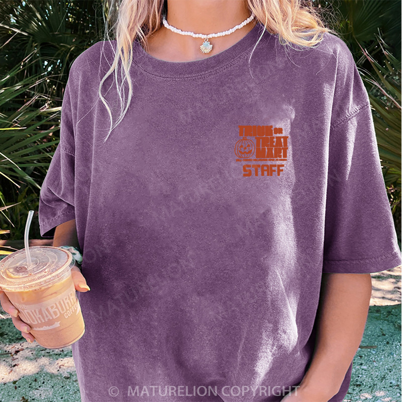 Maturelion Women's T-shirt Trick or Treat Mart Staff DTG Washed T-shirt