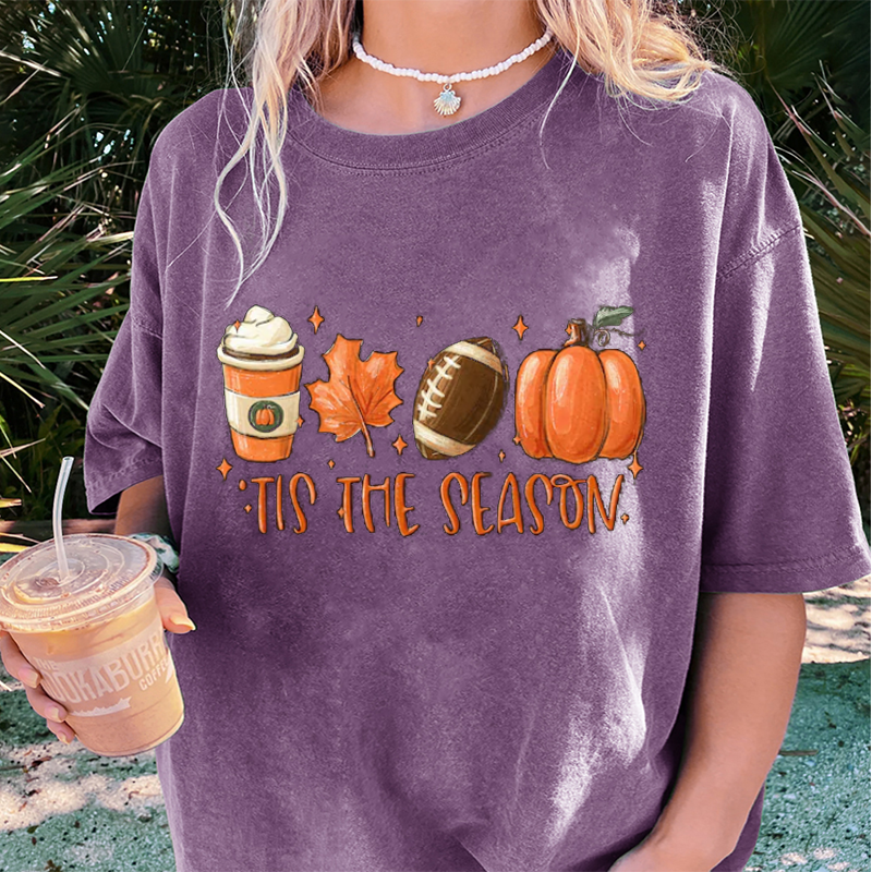 Maturelion Women's T-Shirt Tis The Season Fall Coffee Lovers Pumpkin Latte Thanksgiving Cotton T-Shirt