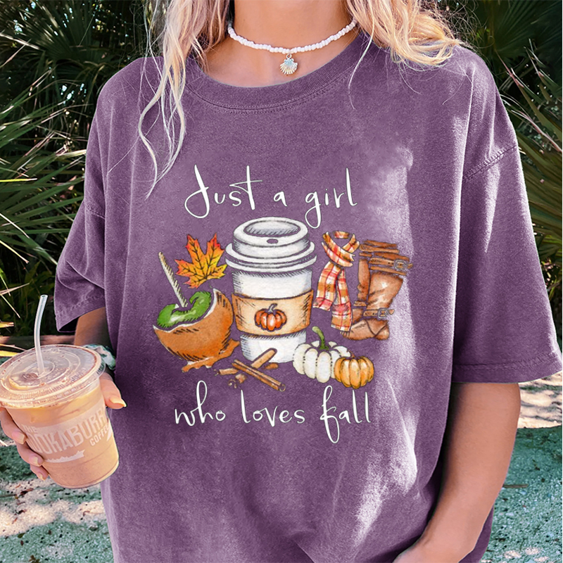 Maturelion Women's T-Shirt Just A Girl Who Loves Fall Pumpkin Coffee Lover Happy Thanksgiving Cotton T-Shirt
