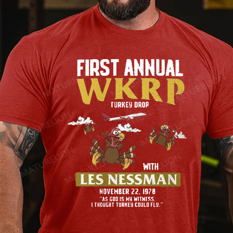 Maturelion Men's T-Shirt First Annual WKRP Turkey Drop in Cincinnati Thanksgiving Cotton T-Shirt