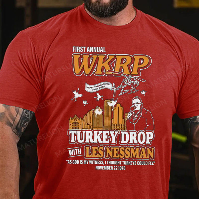 Maturelion Men's T-Shirt First Annual Wkrp Turkey Drop Thanksgiving Cotton T-Shirt