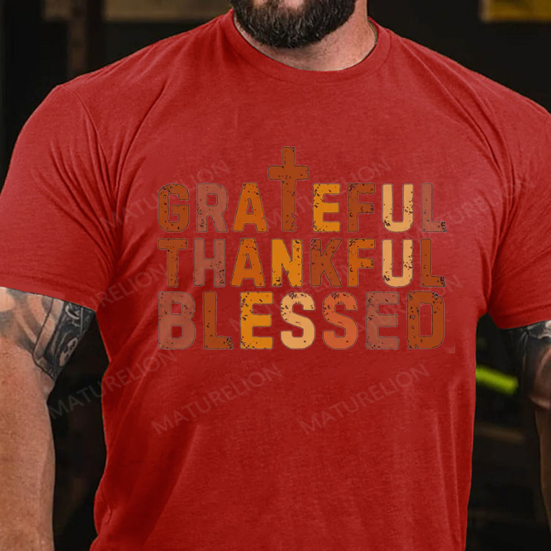 Maturelion Men's T-Shirt Grateful Thankful Blessed Cotton T-Shirt