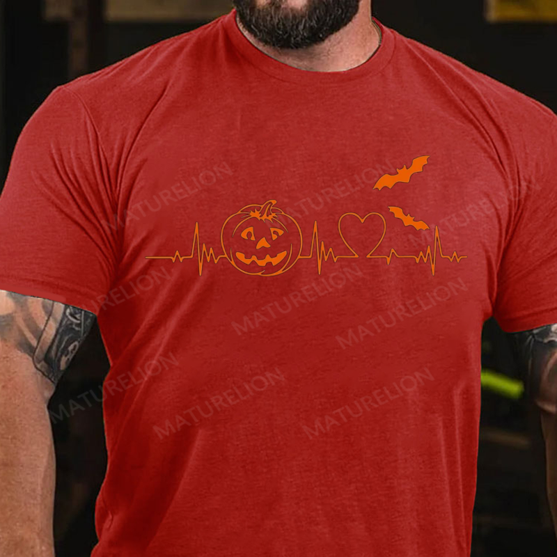 Maturelion Men's T-Shirt Halloween Pumpkin Heartbeat Fall Spooky Season Thanksgiving Cotton T-Shirt