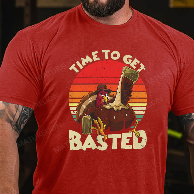 Maturelion Men's T-Shirt Turkey Day Time To Get Basted Retro Happy Thanksgiving Cotton T-Shirt