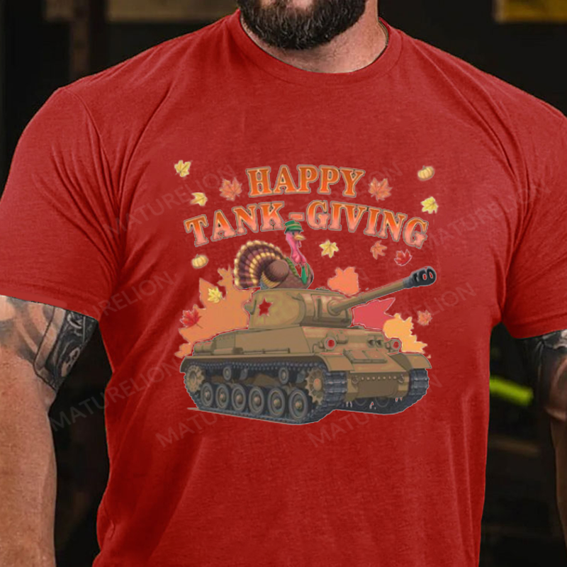 Maturelion Men's T-Shirt Happy Tank-Giving Veteran Gift Patriotic Thanksgiving Humor for Army Fans Turkey Day Cotton T-Shirt