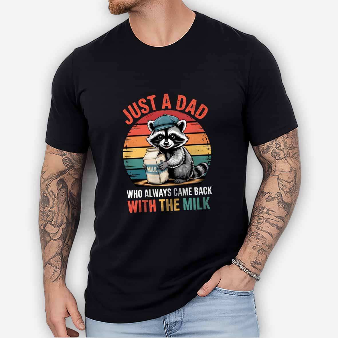Maturelion Just A Dad Who Always Came Back With The Milk Retro Raccoon Cotton T-shirt
