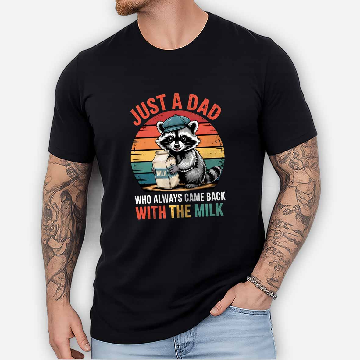 Maturelion Just A Dad Who Always Came Back With The Milk Retro Raccoon Cotton T-shirt