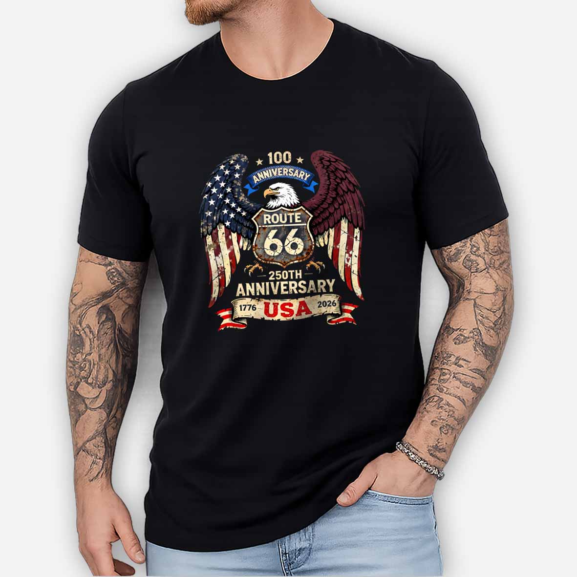 Maturelion Route 66 100th Anniversary And USA 250th Sestercentennial Eagle Cotton T-shirt