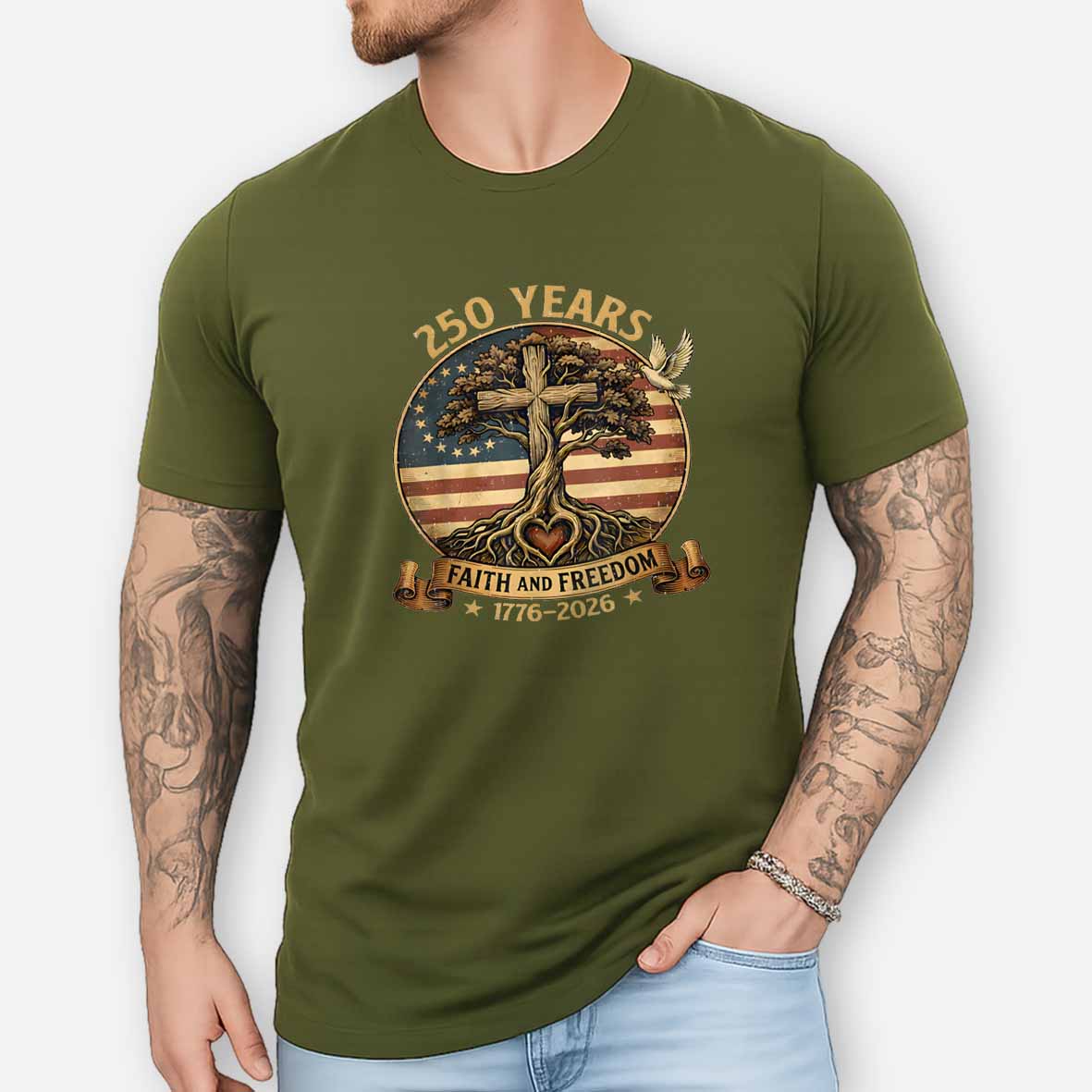 Maturelion 250 Years Faith And Freedom Christian USA 250th Anniversary Cotton T-shirt