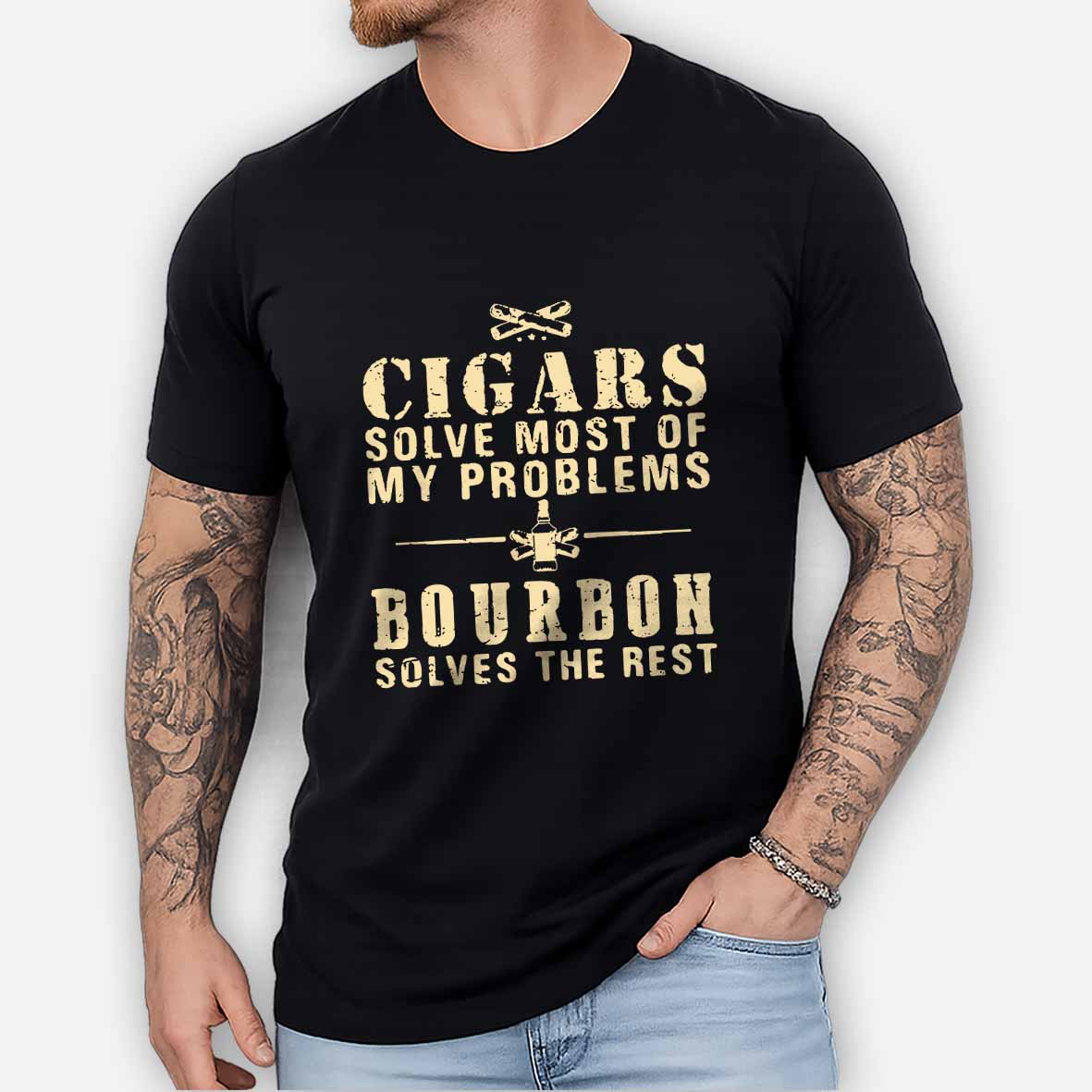 Maturelion Men's T-Shirt Cigars Solve Most Of My Problems Bourbon Solves The Rest T-Shirt