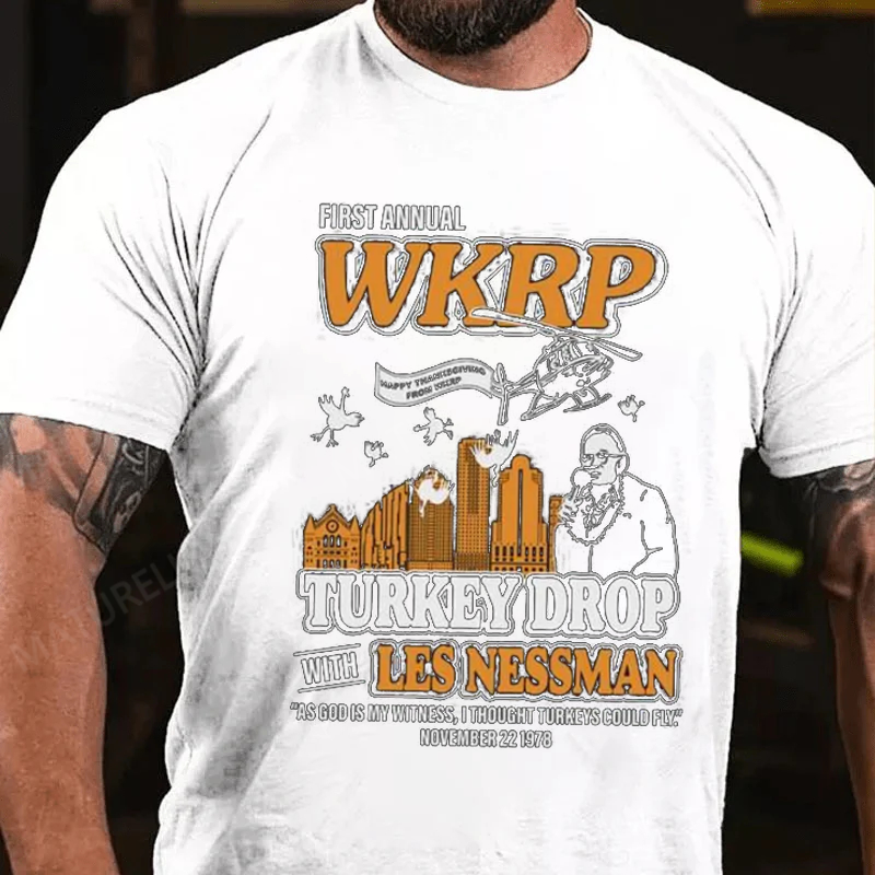 Maturelion Men's T-Shirt First Annual Wkrp Turkey Drop Thanksgiving Cotton T-Shirt