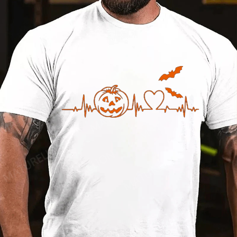 Maturelion Men's T-Shirt Halloween Pumpkin Heartbeat Fall Spooky Season Thanksgiving Cotton T-Shirt
