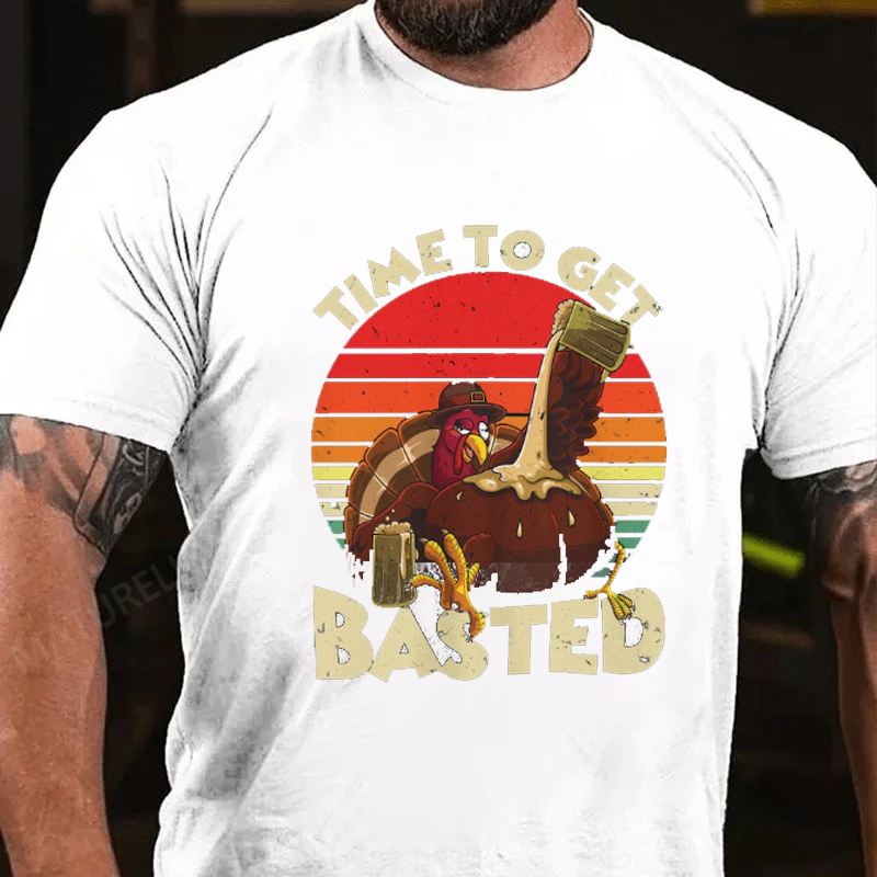 Maturelion Men's T-Shirt Turkey Day Time To Get Basted Retro Happy Thanksgiving Cotton T-Shirt