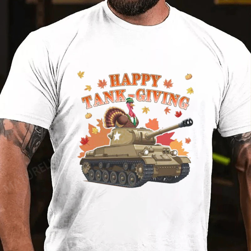 Maturelion Men's T-Shirt Happy Tank-Giving Veteran Gift Patriotic Thanksgiving Humor for Army Fans Turkey Day Cotton T-Shirt