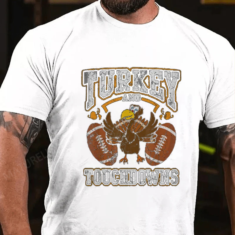 Maturelion Men's T-Shirt Turkey And Touchdowns Thanksgiving Cotton T-Shirt