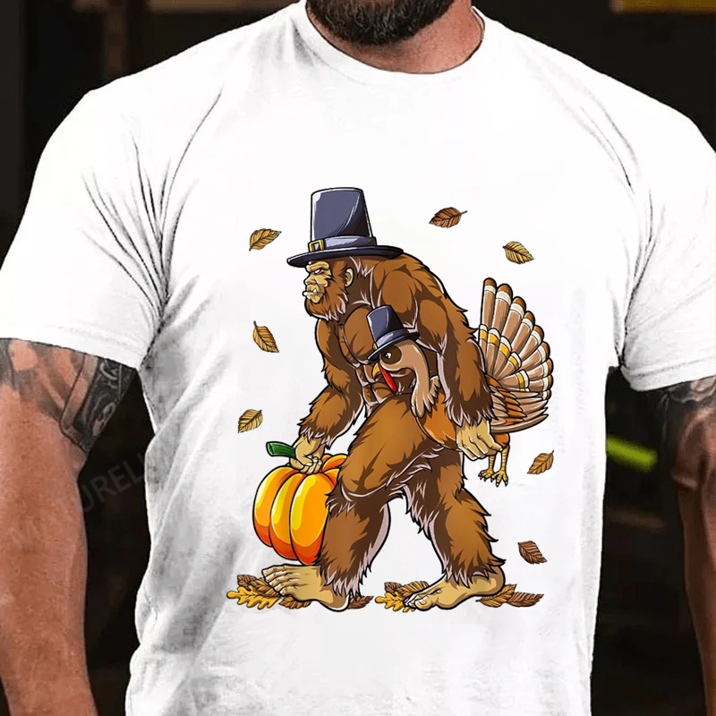 Maturelion Men's T-Shirt Bigfoot Turkey Pumpkin Thanksgiving Cotton T-Shirt