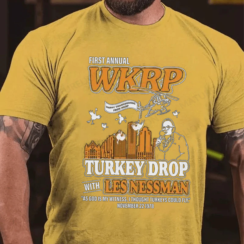 Maturelion Men's T-Shirt First Annual Wkrp Turkey Drop Thanksgiving Cotton T-Shirt