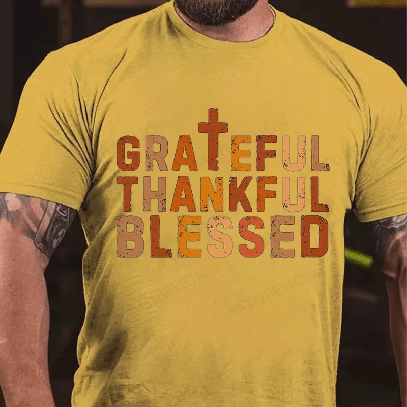 Maturelion Men's T-Shirt Grateful Thankful Blessed Cotton T-Shirt