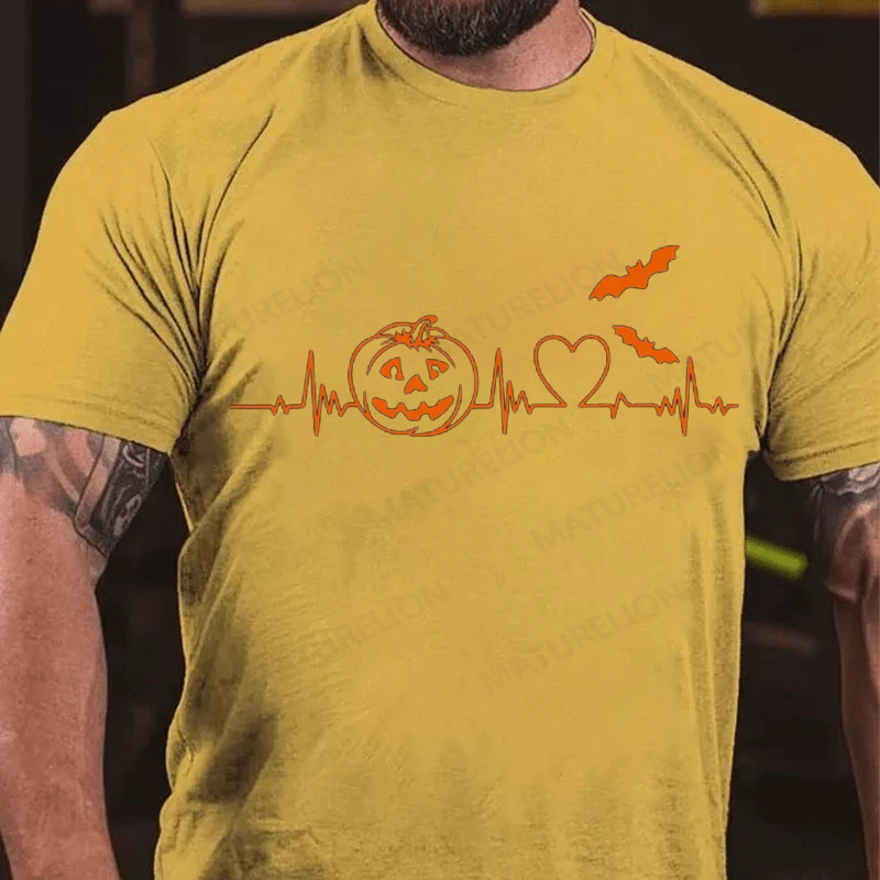 Maturelion Men's T-Shirt Halloween Pumpkin Heartbeat Fall Spooky Season Thanksgiving Cotton T-Shirt
