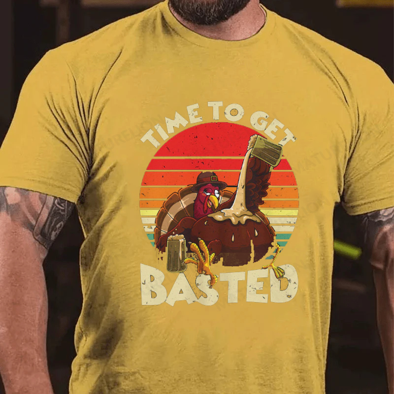 Maturelion Men's T-Shirt Turkey Day Time To Get Basted Retro Happy Thanksgiving Cotton T-Shirt