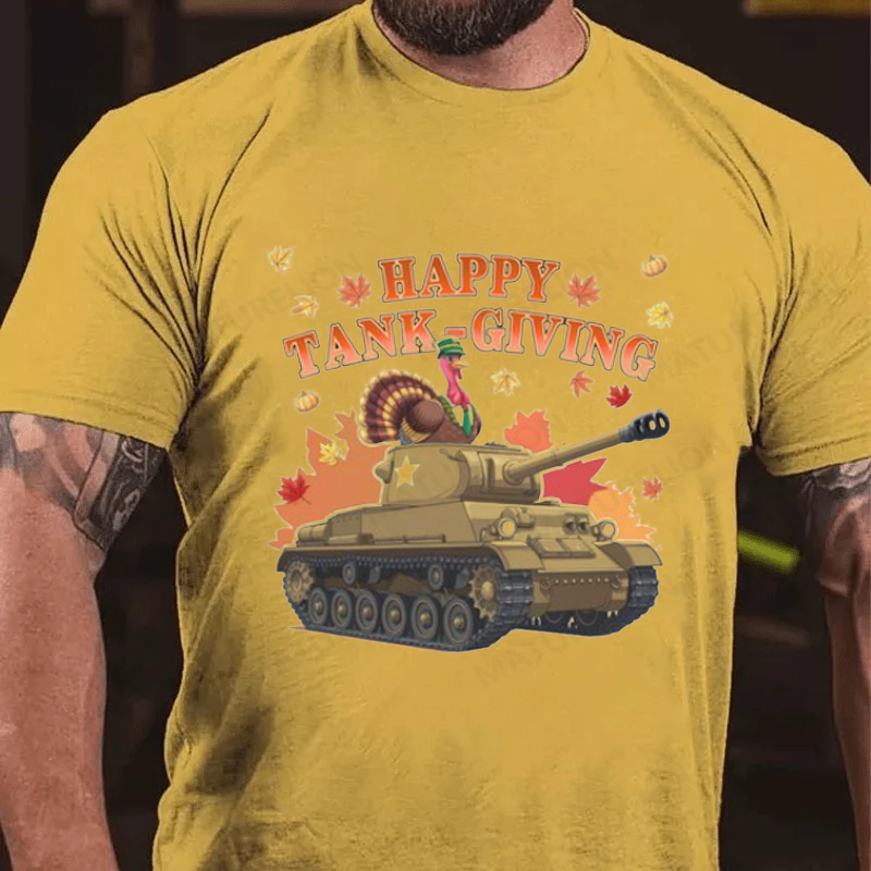 Maturelion Men's T-Shirt Happy Tank-Giving Veteran Gift Patriotic Thanksgiving Humor for Army Fans Turkey Day Cotton T-Shirt