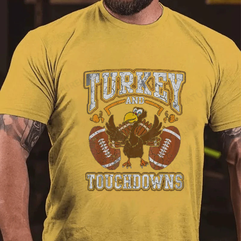 Maturelion Men's T-Shirt Turkey And Touchdowns Thanksgiving Cotton T-Shirt