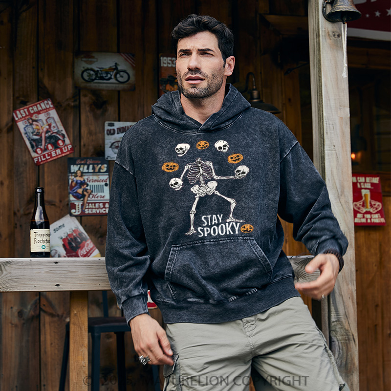 Maturelion Men's Hoodie Stay Spooky Skeleton Washed Hoodie