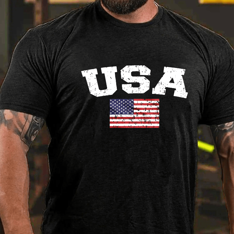 USA Distressed Flag American Pride Red White and Blue Cotton T-shirt-Maturelion
