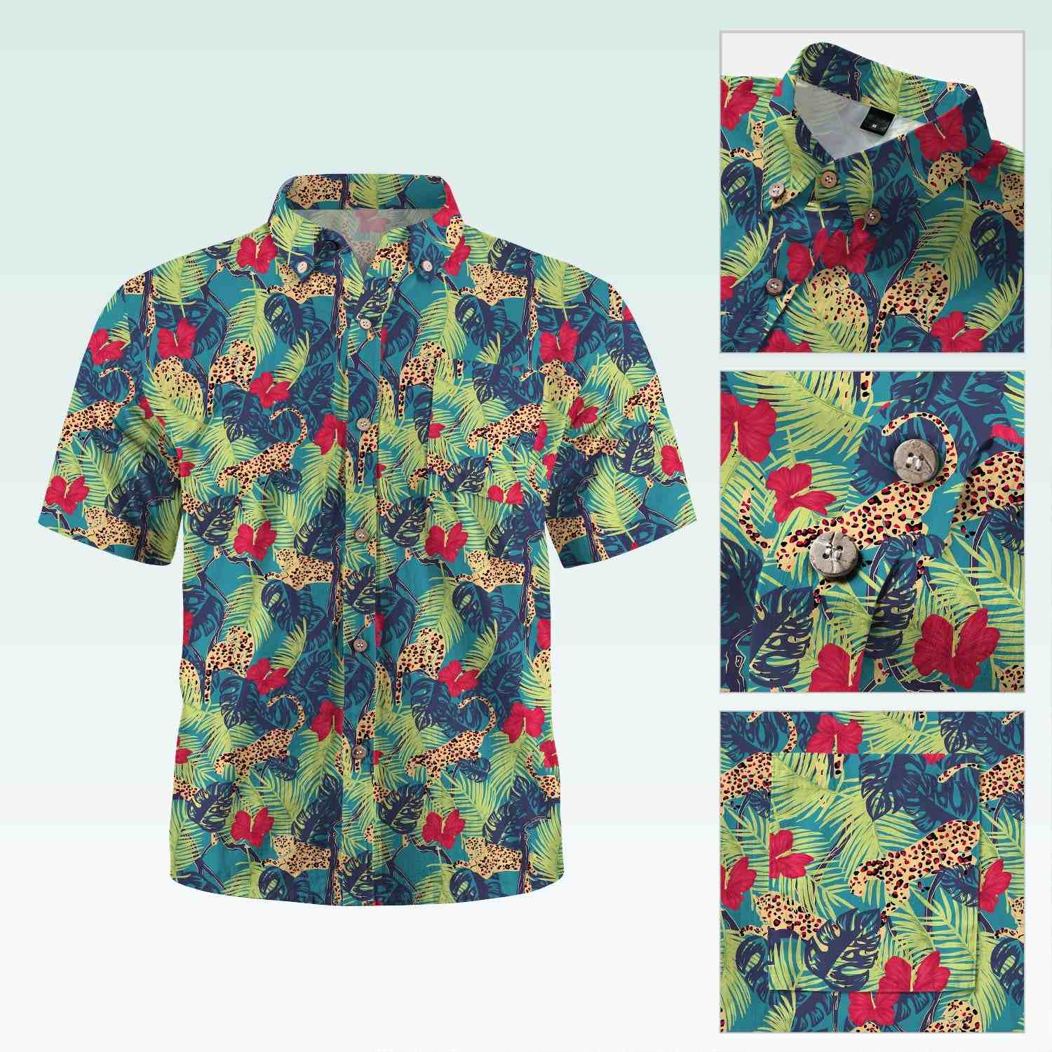 Maturelion Men's Button Pocket ShirtTropical Jungle Boys Woven Shirt with Short Sleeves