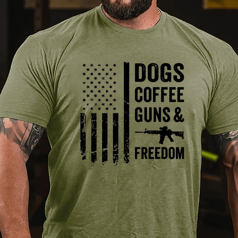 Dogs Coffee Guns And Freedom Cotton T-shirt (Free Customization)
