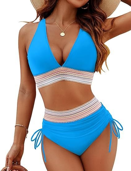 2024 High Waisted Tummy Control Color Block Bikini Sets-POIULTD