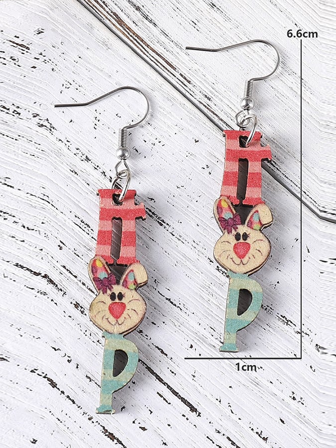Easter Cartoon Cute Bunny Letters Double Sided Wooden Earrings-POIULTD