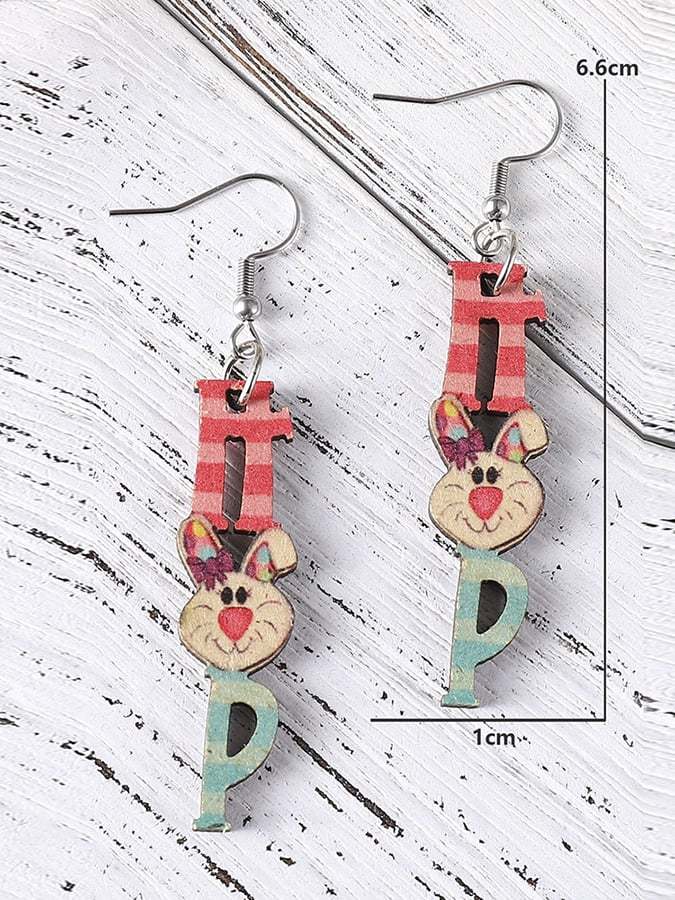 Easter Cartoon Cute Bunny Letters Double Sided Wooden Earrings-POIULTD