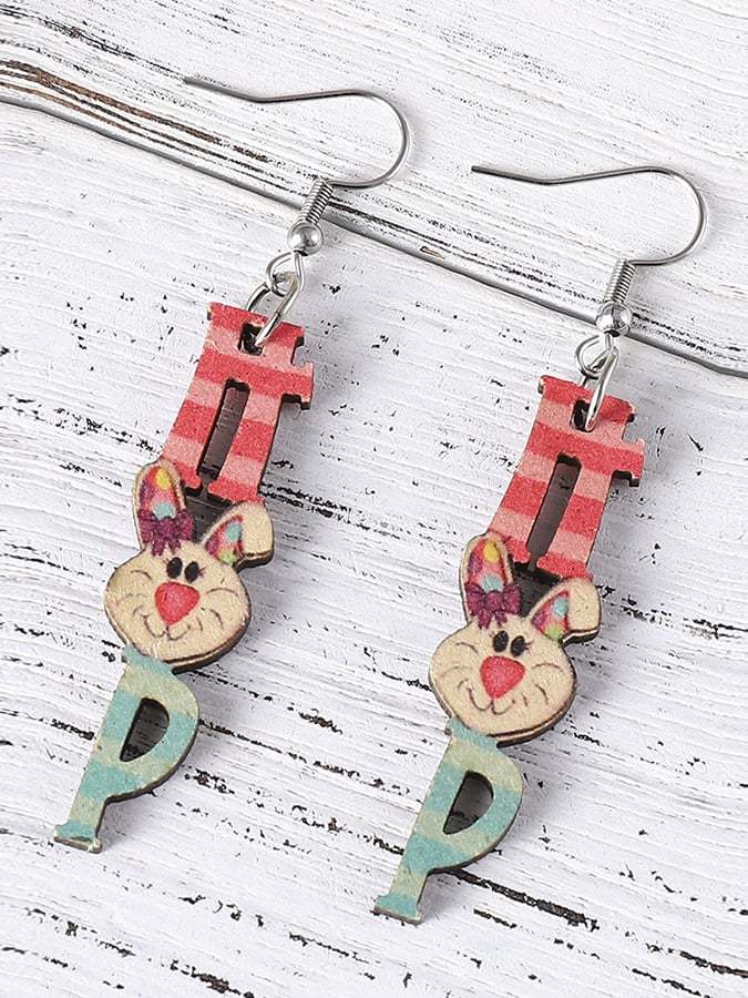 Easter Cartoon Cute Bunny Letters Double Sided Wooden Earrings-POIULTD