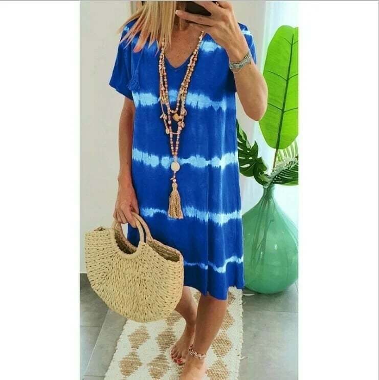 🔥Tie-dye Striped Short-sleeved Loose T-shirt Dress-POIULTD