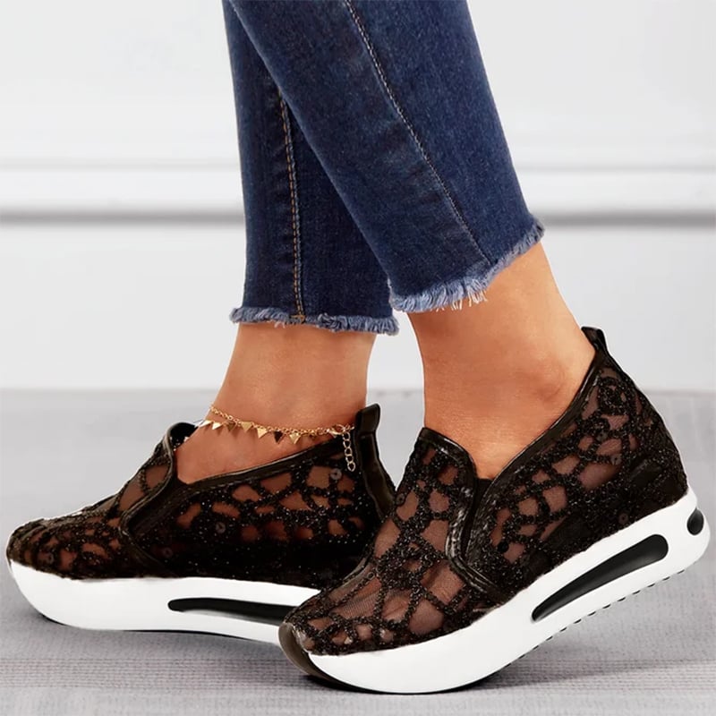 Casual Lace Mesh High Heel Loafers-POIULTD