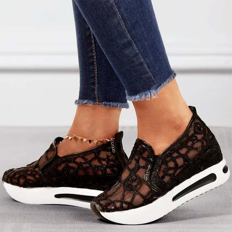 Casual Lace Mesh High Heel Loafers-POIULTD