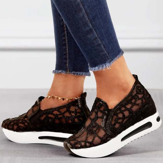 Casual Lace Mesh High Heel Loafers-POIULTD
