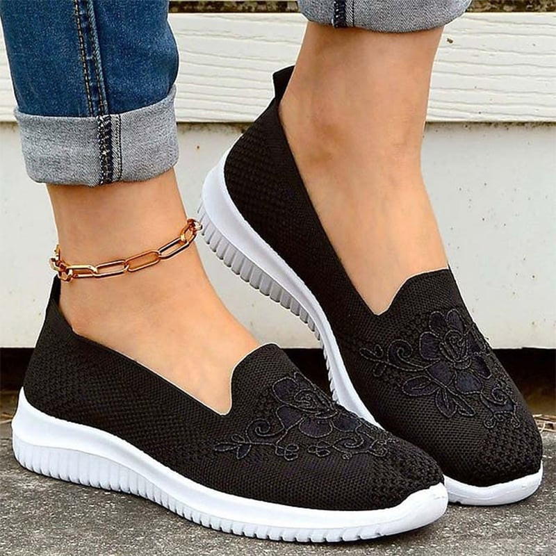 Casual Mesh Embroidered Weave Women's Flat Shoes-POIULTD