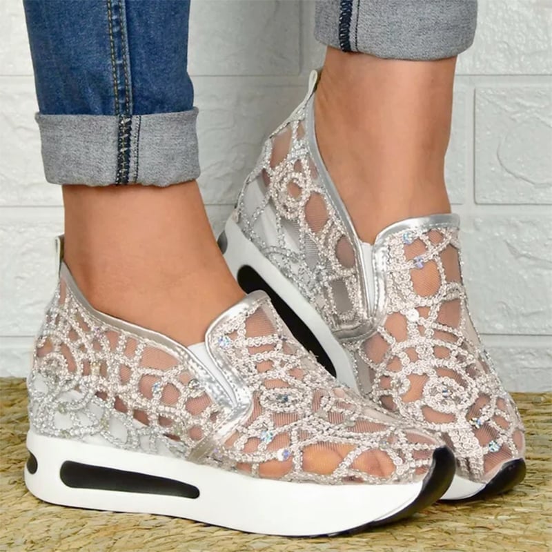 Casual Lace Mesh High Heel Loafers-POIULTD