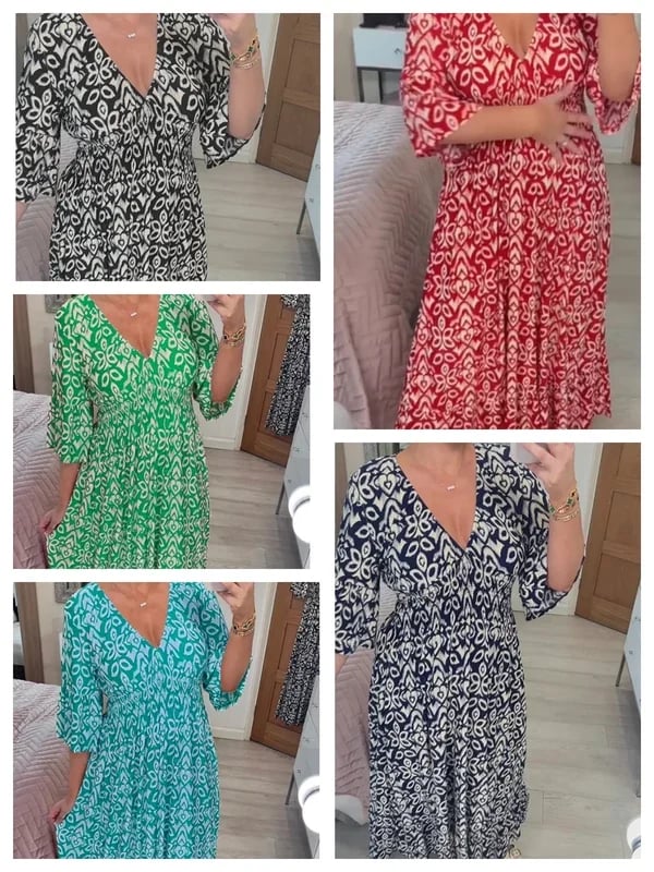 🔥Bohemian casual print V-neck waist wrap long dress-POIULTD