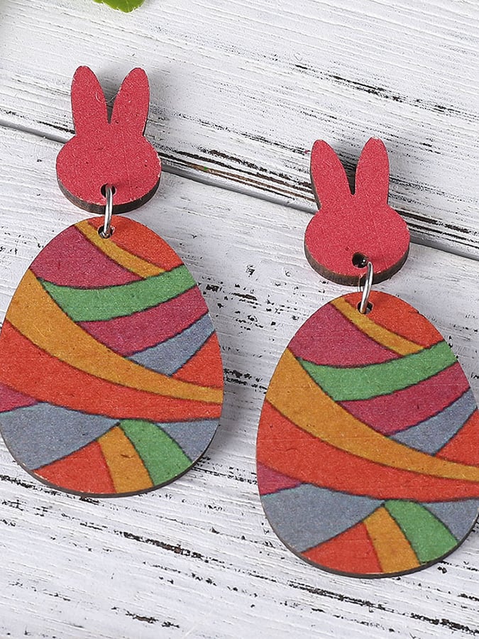 Easter Colorful Bunny Patchwork Double-Sided Wooden Earrings-POIULTD
