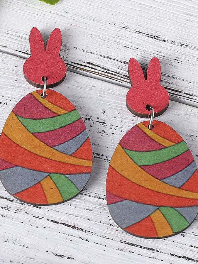 Easter Colorful Bunny Patchwork Double-Sided Wooden Earrings-POIULTD