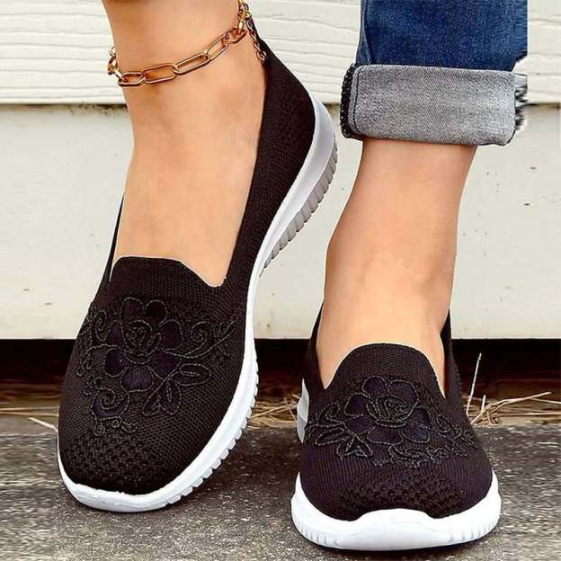 Casual Mesh Embroidered Weave Women's Flat Shoes-POIULTD