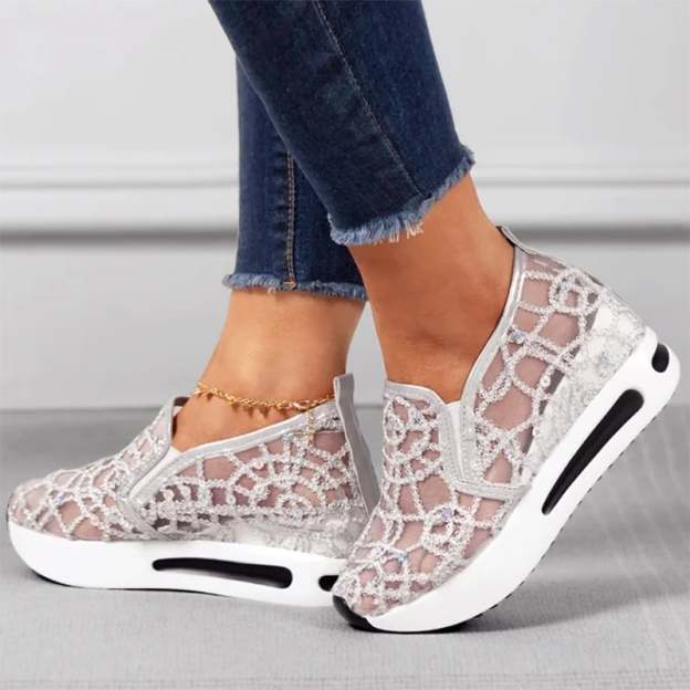 Casual Lace Mesh High Heel Loafers-POIULTD