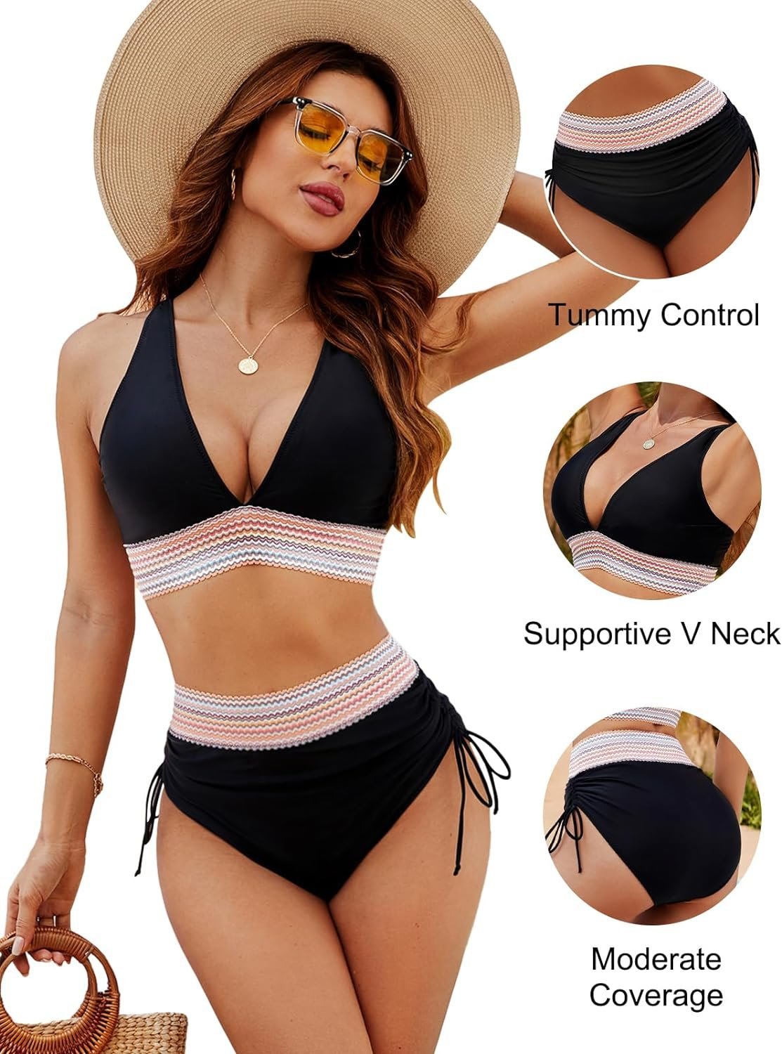 2024 High Waisted Tummy Control Color Block Bikini Sets-POIULTD